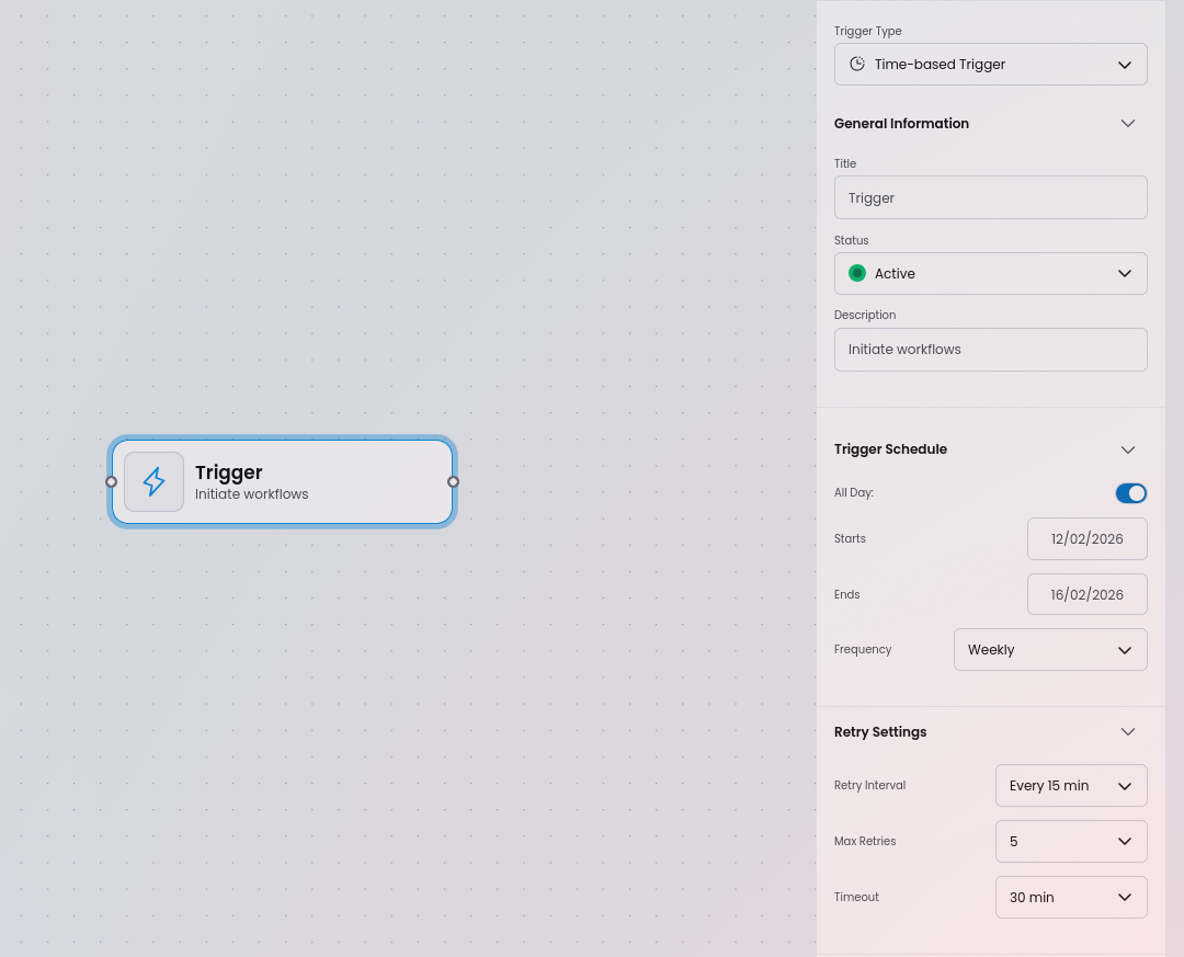 Trigger node on the canvas with its properties panel open