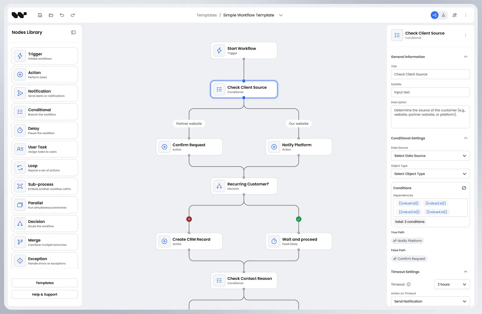 Workflow Builder - canvas, node palette, and properties panel